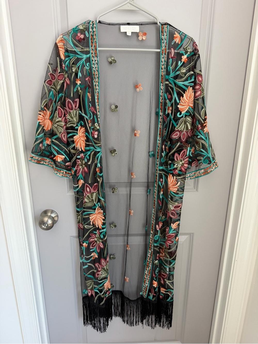 Embroidered Sheer Fringe Kimono Jacket - Black with Multicolor Floral